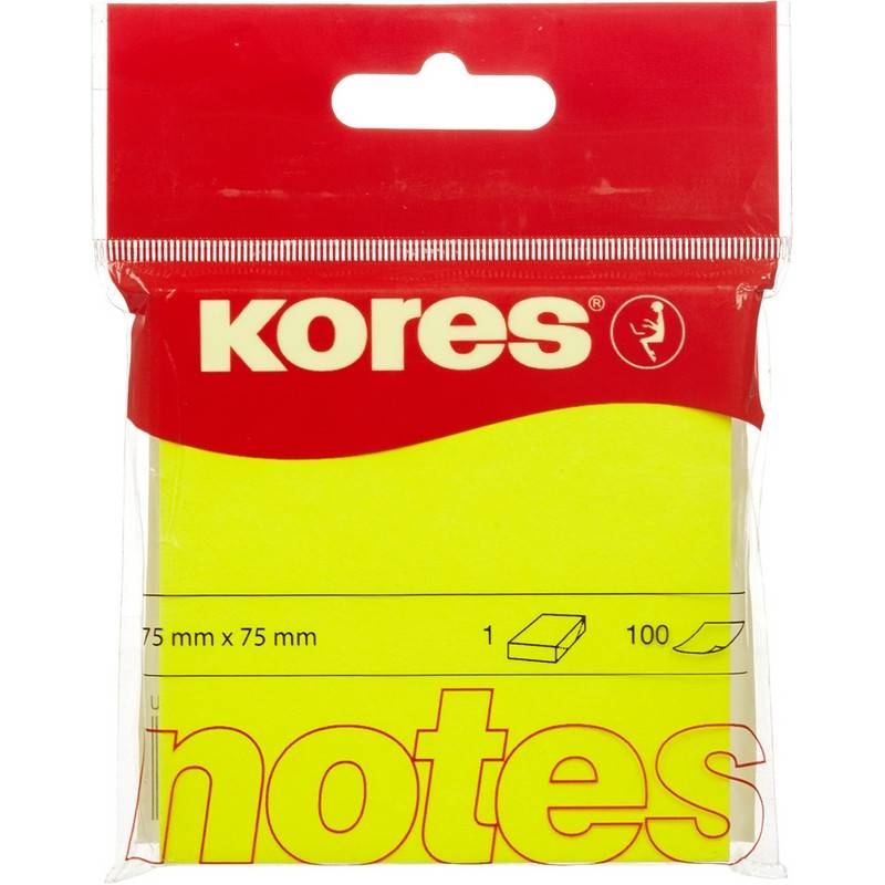 Стикеры Kores 75x75 мм неоновые желтые (1 блок, 100 листов) 330460