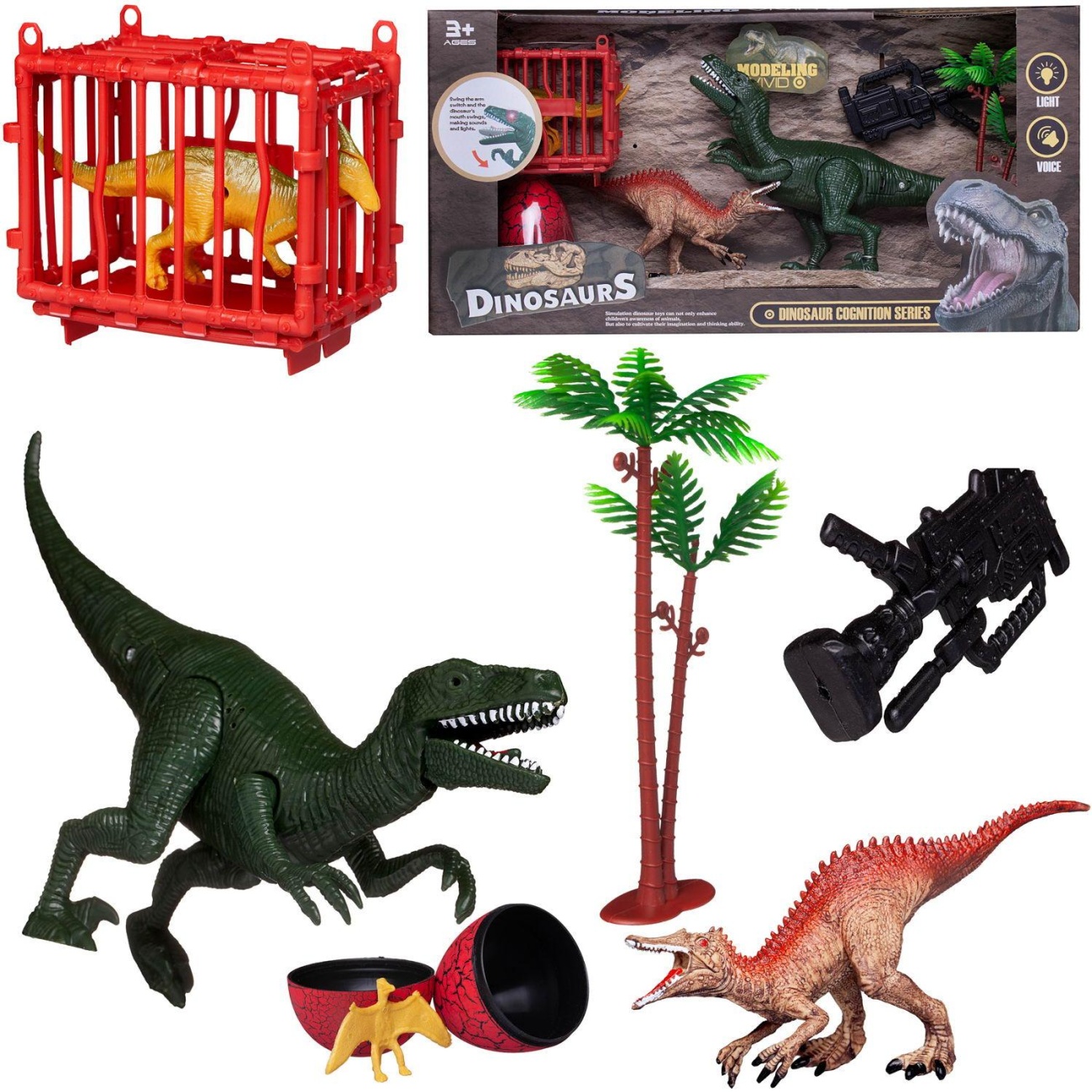 Игровой набор Junfa Динозавры (3 динозавра, клетка, яйцо, оружие, пальма) свет/звук WA-19270