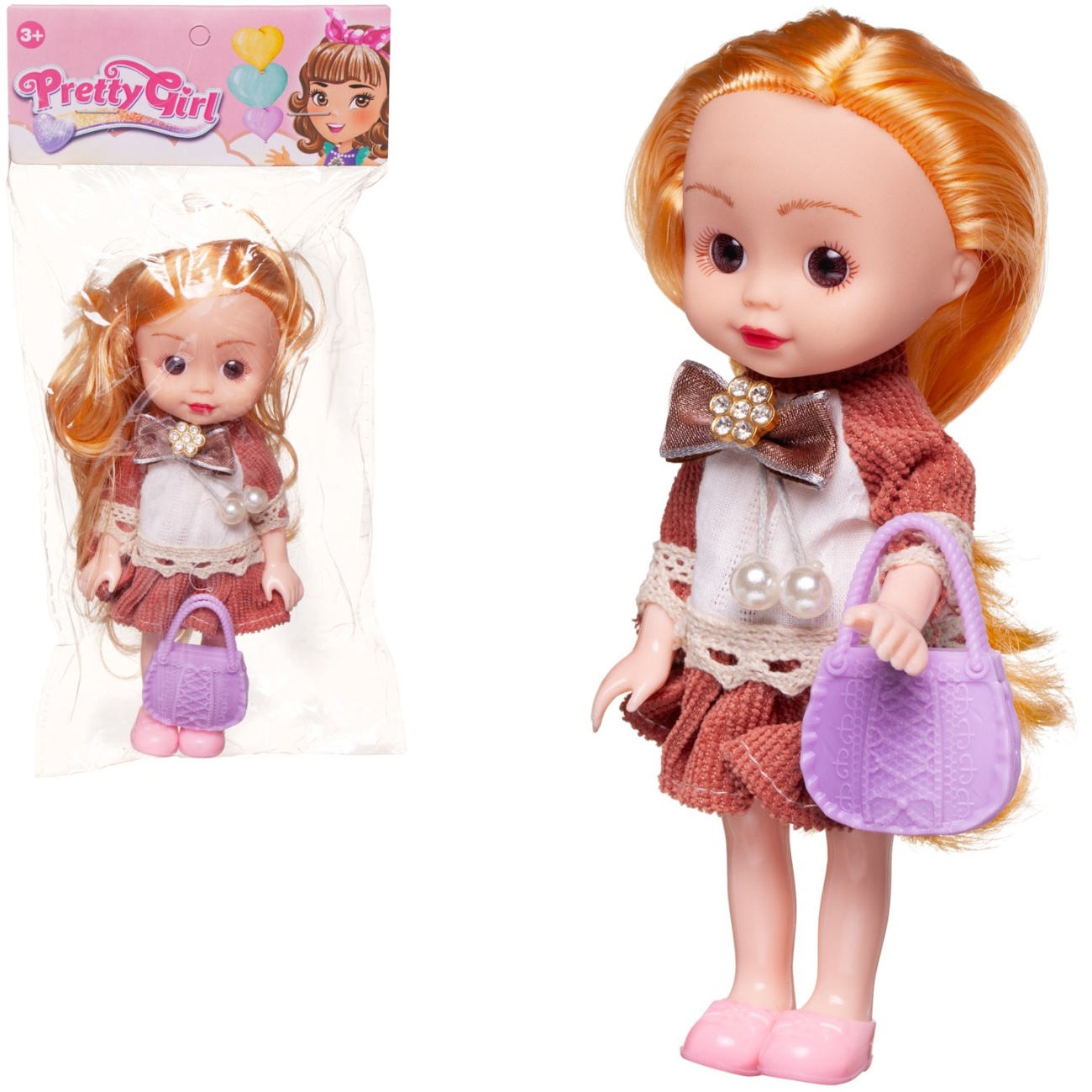 Кукла Junfa 16 см с сумочкой в бело-коричневом платье WJ-27705