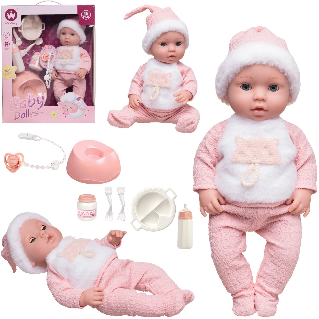 Игровой набор Junfa Пупс-кукла 40 см в розово-белом комбинезонеи аксесс. WJ-36457