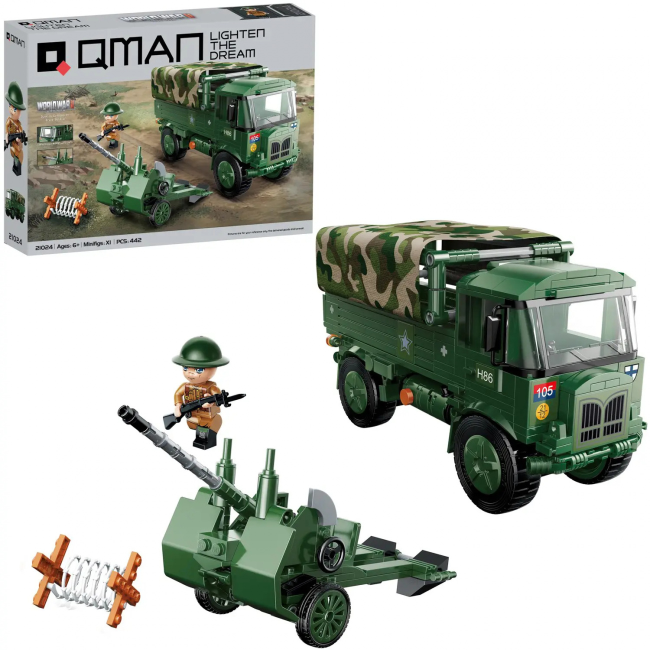 Конструктор Qman серия WORLD WAR II Военный грузовик с пушкой, 442 детали 21024q