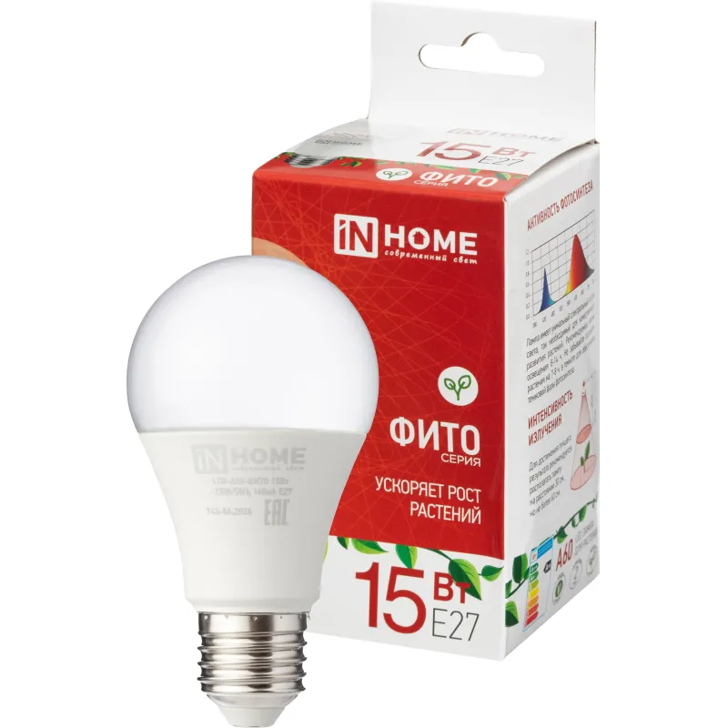 Фитолампа светодиодная LED-A60-ФИТО 15Вт 230В Е27 IN HOME 2183562 4690612036502
