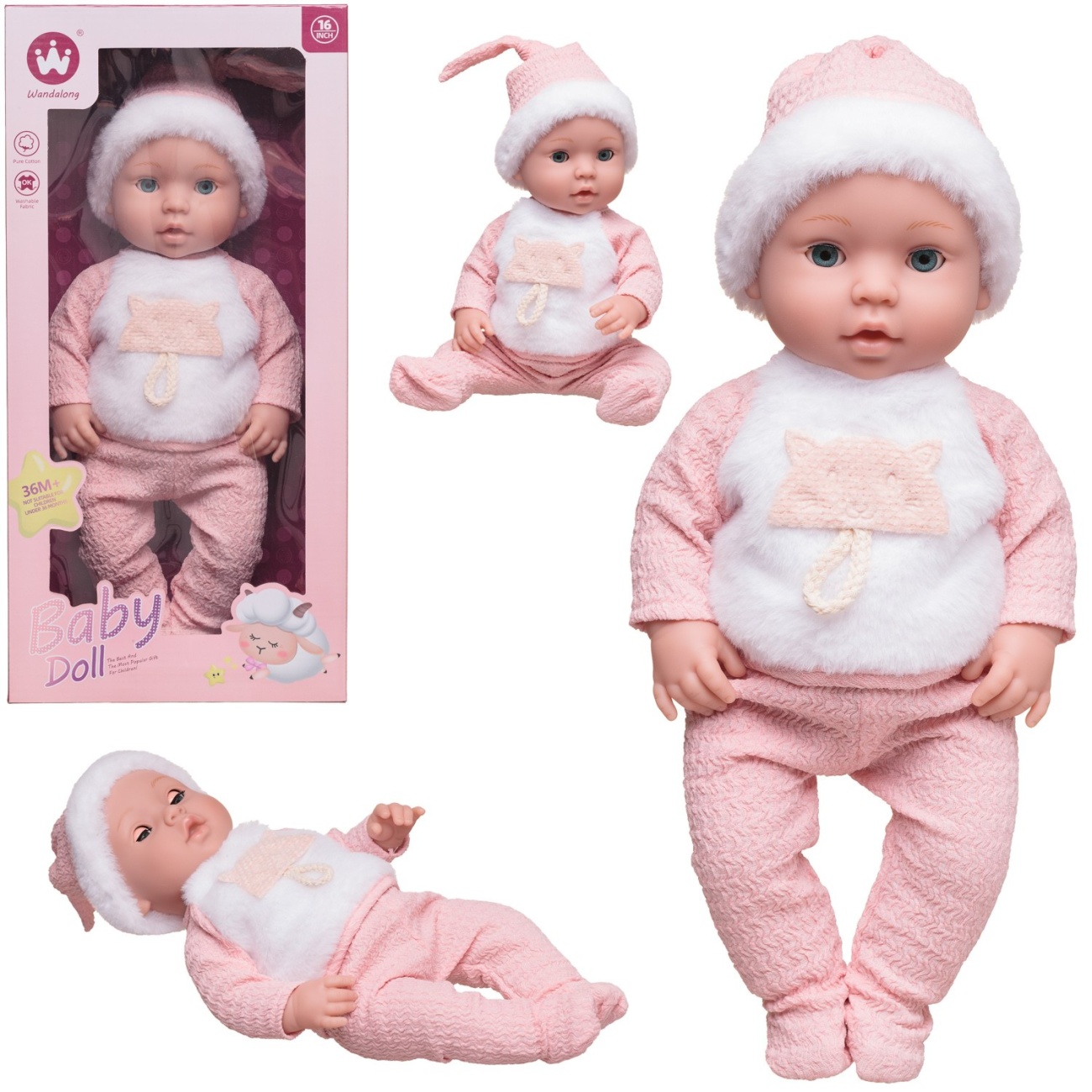 Пупс-кукла Junfa 40 см в розово-белом комбинезоне WJ-36451