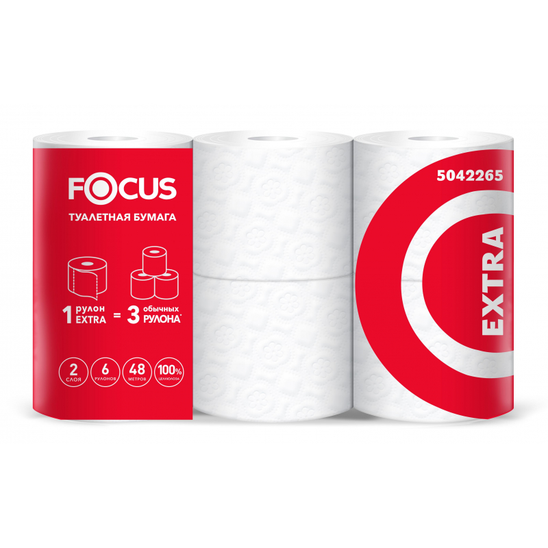 Бумага туалетная Focus Extra 2сл бел 100%цел, 48м, 6рул/уп (5042265) 1418097