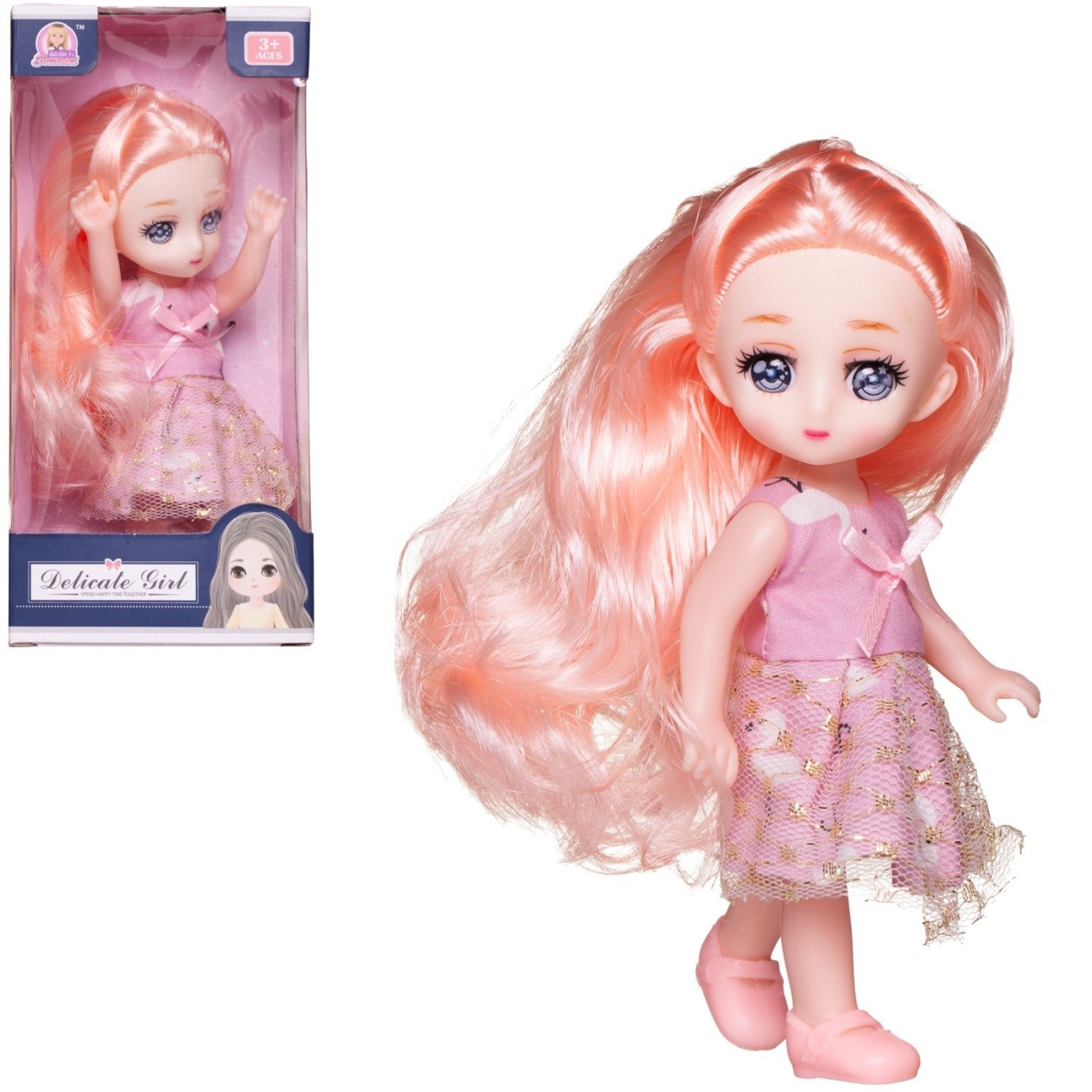 Кукла Junfa 15 см с розовыми волосами в розовом платье WJ-32650