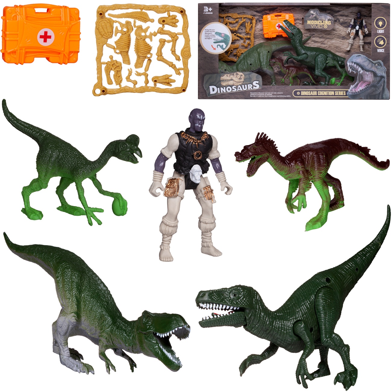Игровой набор Junfa Динозавры (4 динозавра, фигурка человека, чемоданчик) свет/звук WA-19272