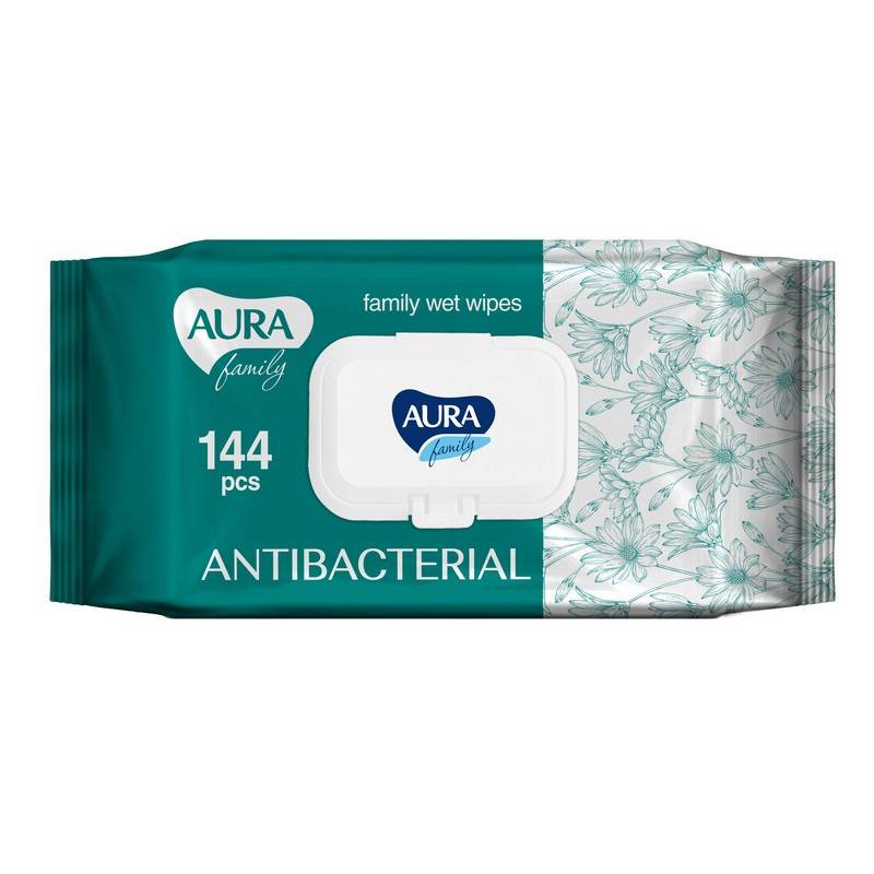 Влажные салфетки антибактериальные Aura Family 144 штуки в уп 1027847