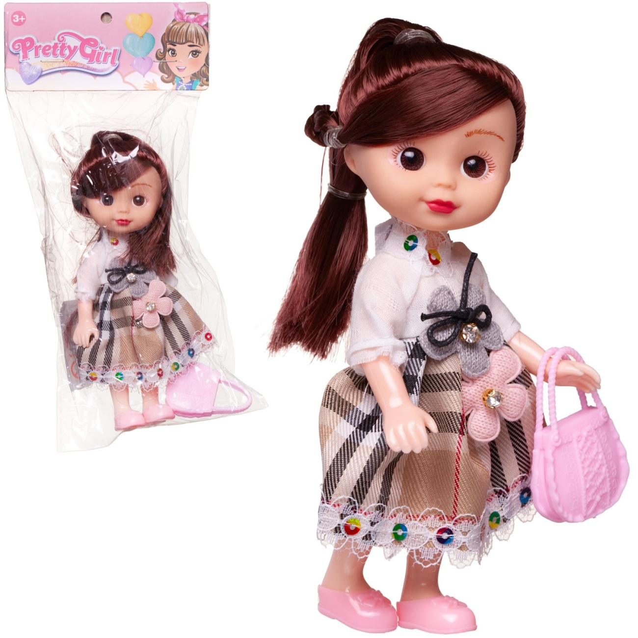 Кукла Junfa 16 см с сумочкой в платье с белым верхом и юбкой-шотландкой WJ-27708