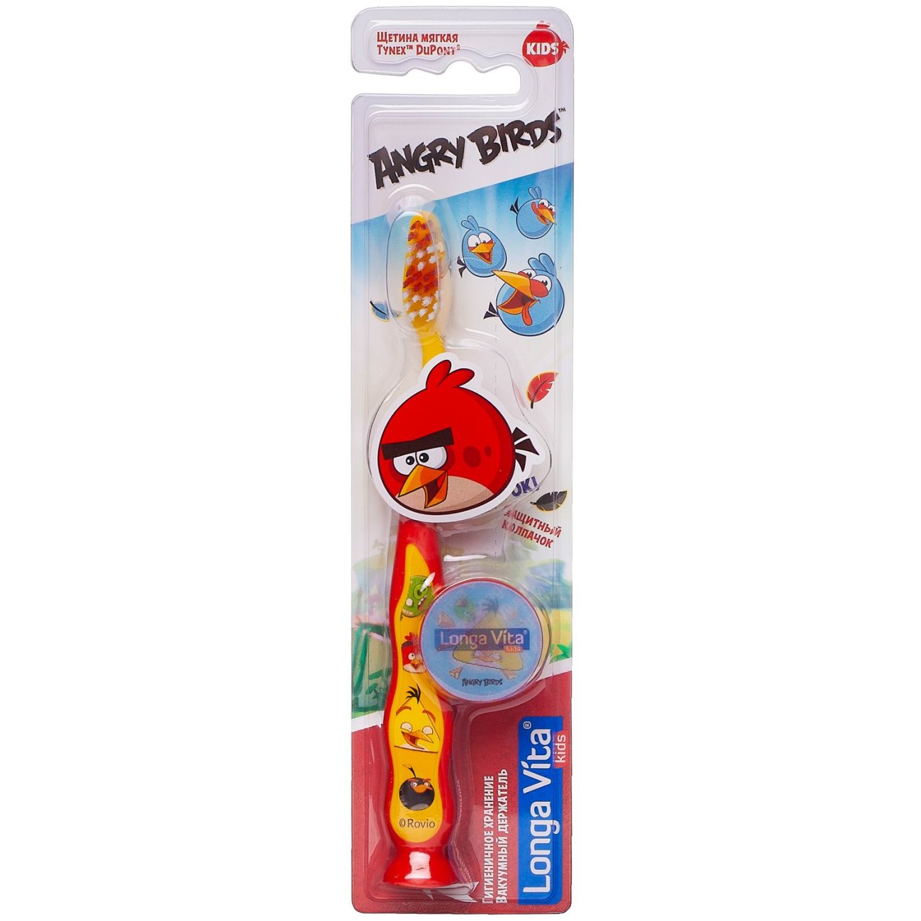 Зубная щетка Longa Vita Angry Birds детская с защитным колпачком, присоской от 5-и лет красная AB-1-НТМ/красная