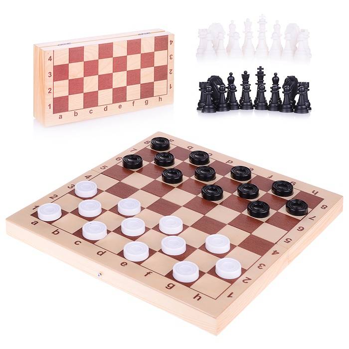 Игра настольная "Шахматы и шашки, пластмассовые фигуры в деревянной упаковке (поле 29 см) Десятое королевство 03879ДК