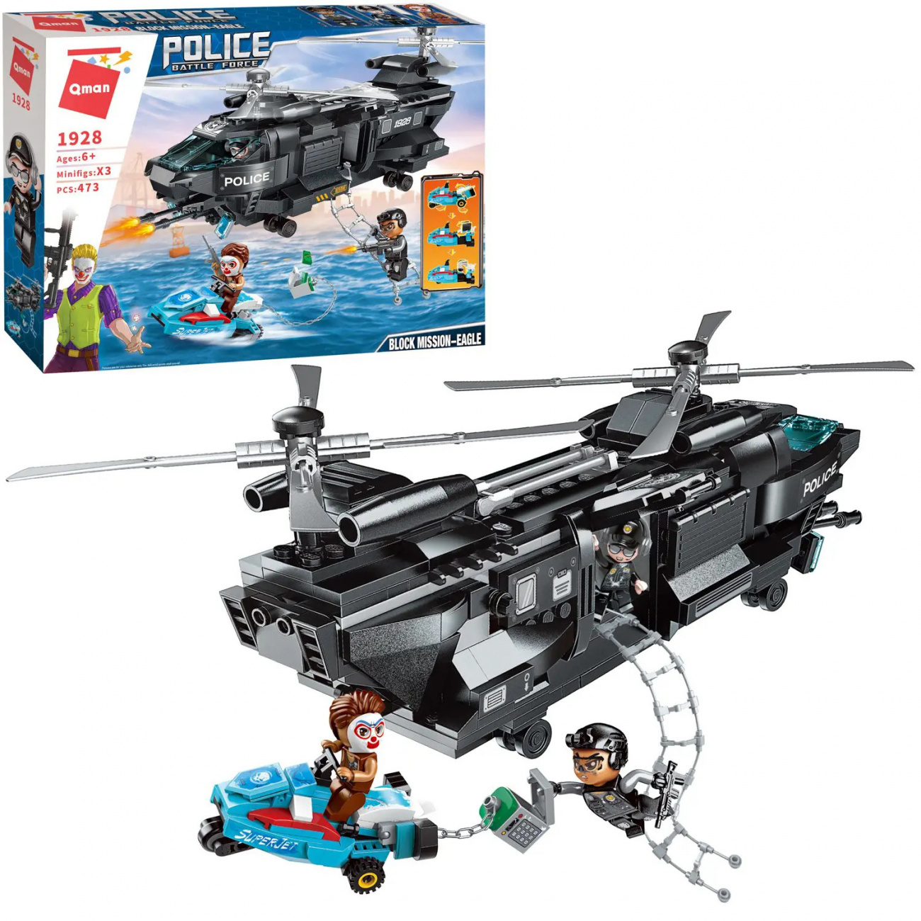 Конструктор Qman серия MineCity Полицейский вертолет преследует преступника 473 детали 1928q