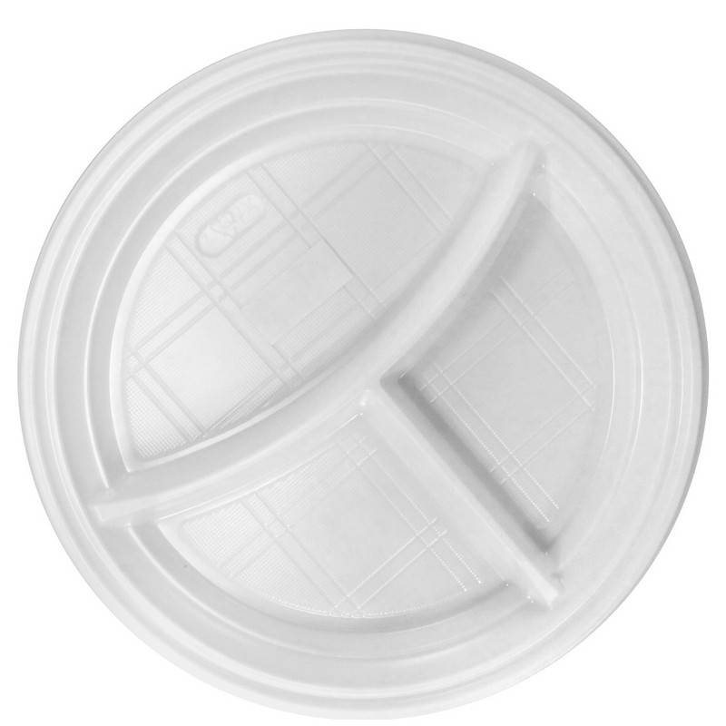 Тарелка одноразовая пластиковая 3-х секционная 205 мм белая 100 шт в уп Комус Эконом 904029
