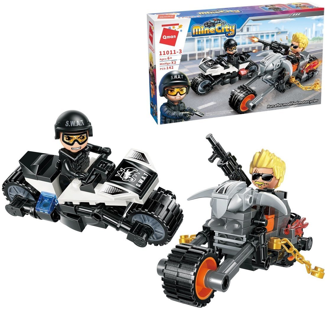 Конструктор Противостояние на мотоциклах: полицейский против преступника, 142 детали QMAN 11011q/11011-3