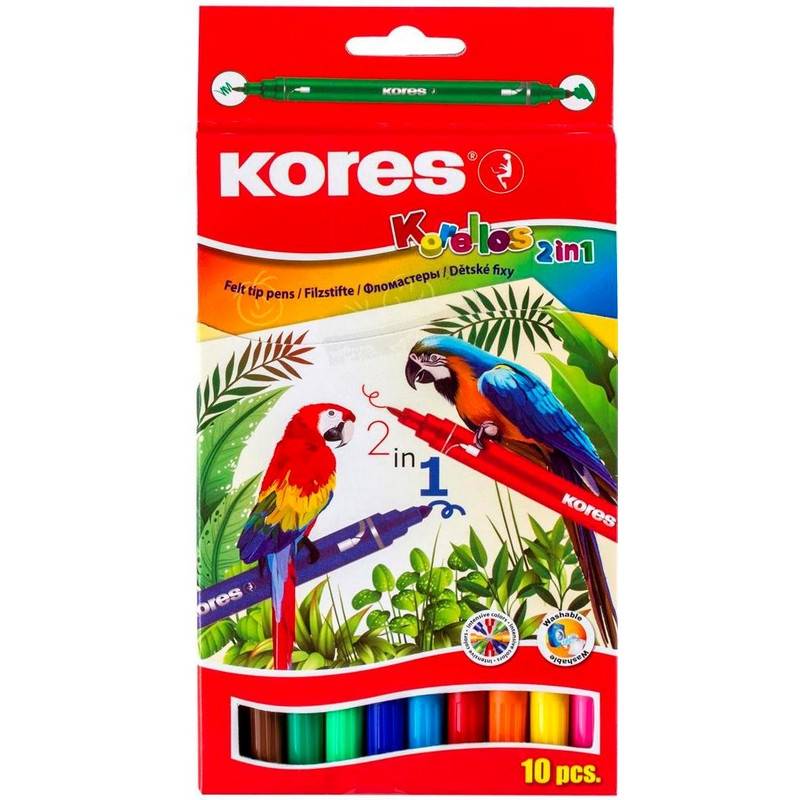 Фломастеры Kores Korellos 10 цветов двусторонние с тонким и коническим стержнем 368375