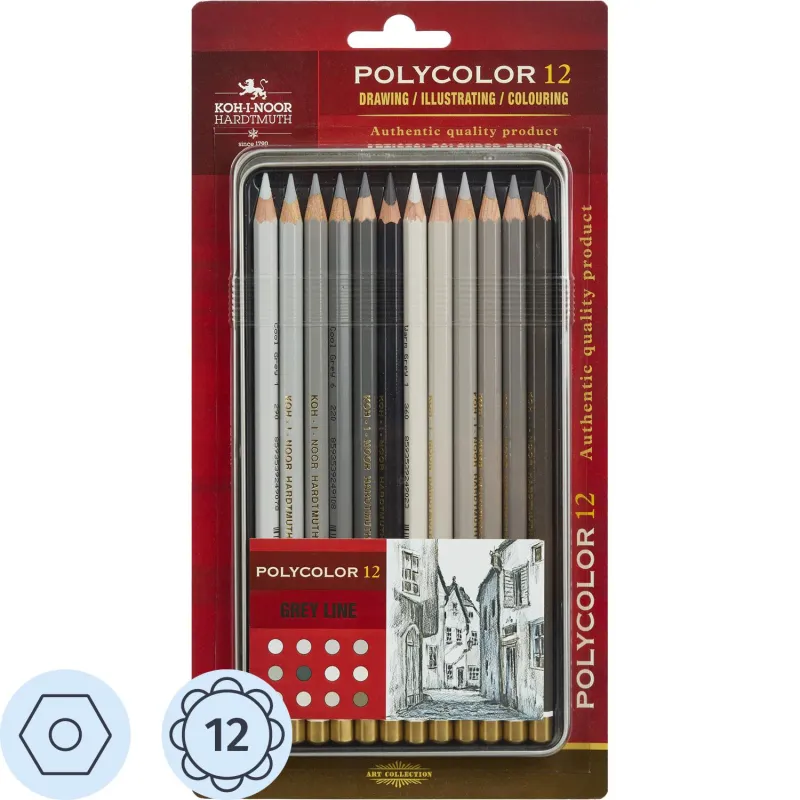 Карандаши цветные худож POLYCOLOR серые цвета 12цв/наб мет.кор 3822012013BL Koh-i-Noor 1618085