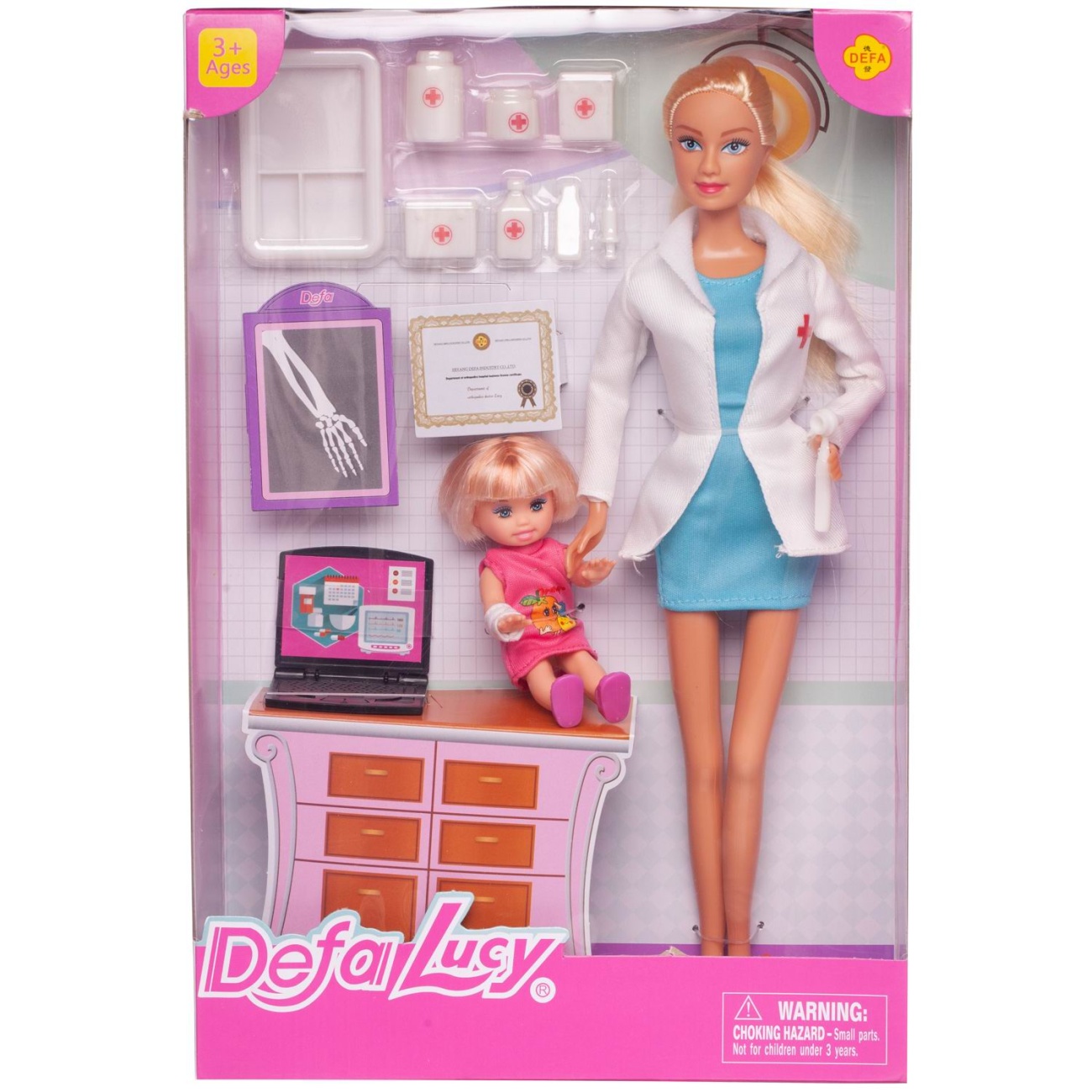 Кукла Defa Lucy Доктор (белый халат, голубое платье) с девочкой-малышкой, 29 см 8348d/голубое