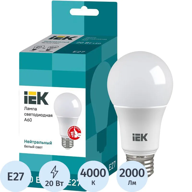 Лампа светодиодная Eco 20Вт A60 груш. 4000К E27 IEK LLE-A60-20-230-40-E27 2082411 463151