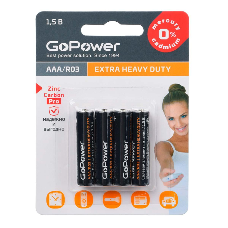 Батарейка GoPower R03 AAA 4шт/бл Heavy Duty 1.5V (4/48/576) 1893676 00-00015595