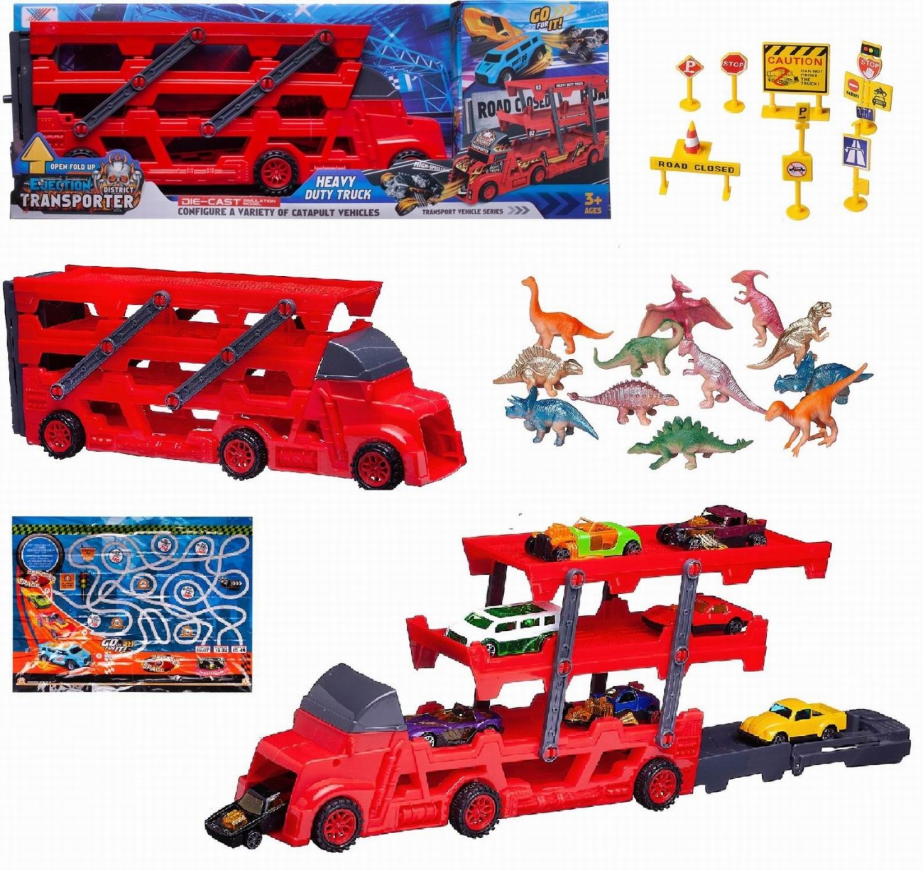 Машинка Junfa Автовоз-катапульта красный с 8 машинками и 12 фигурками динозавров WT-10566/красный