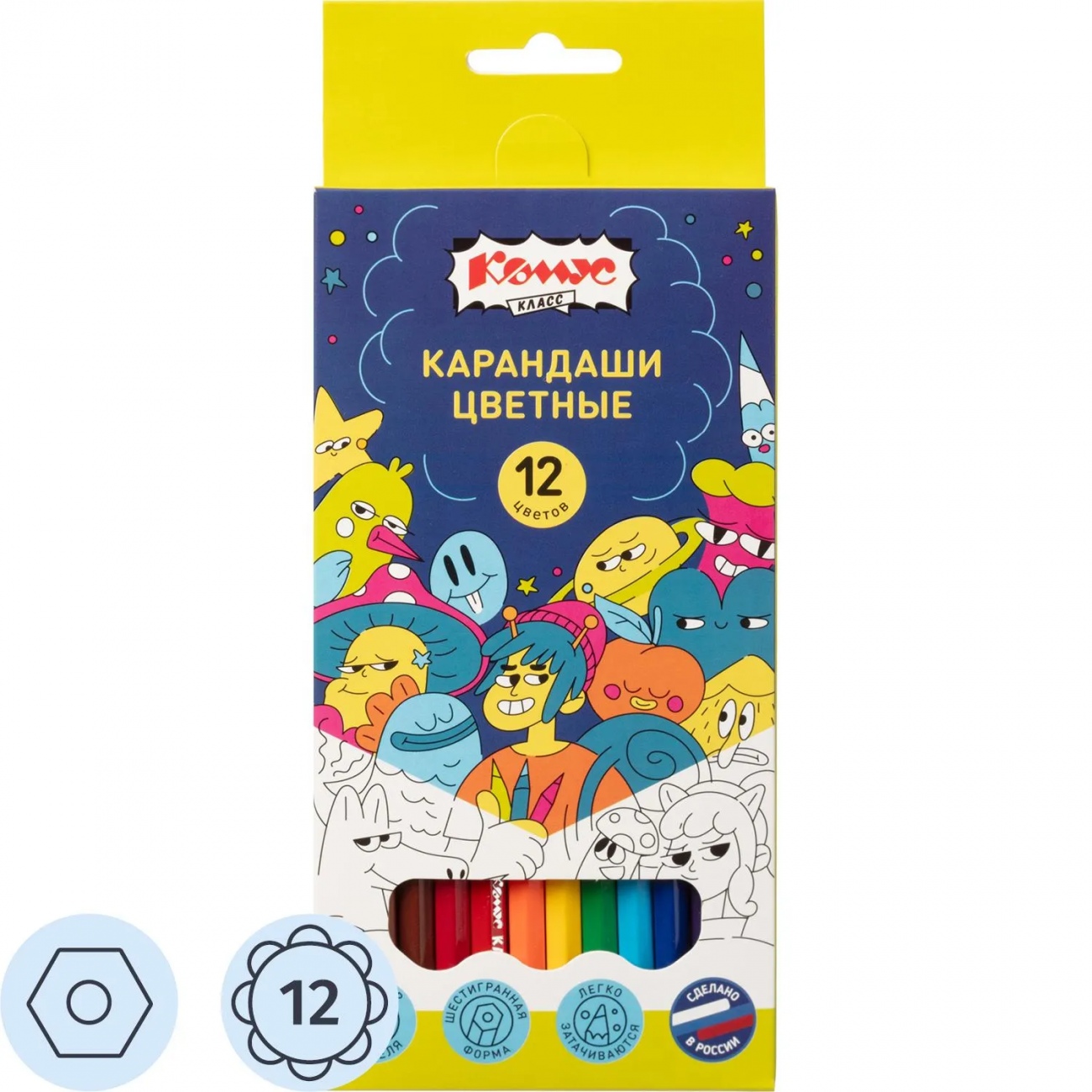 Карандаши цветные 12 цв/наб, 6-гранные Комус Класс Максики классические 1943202