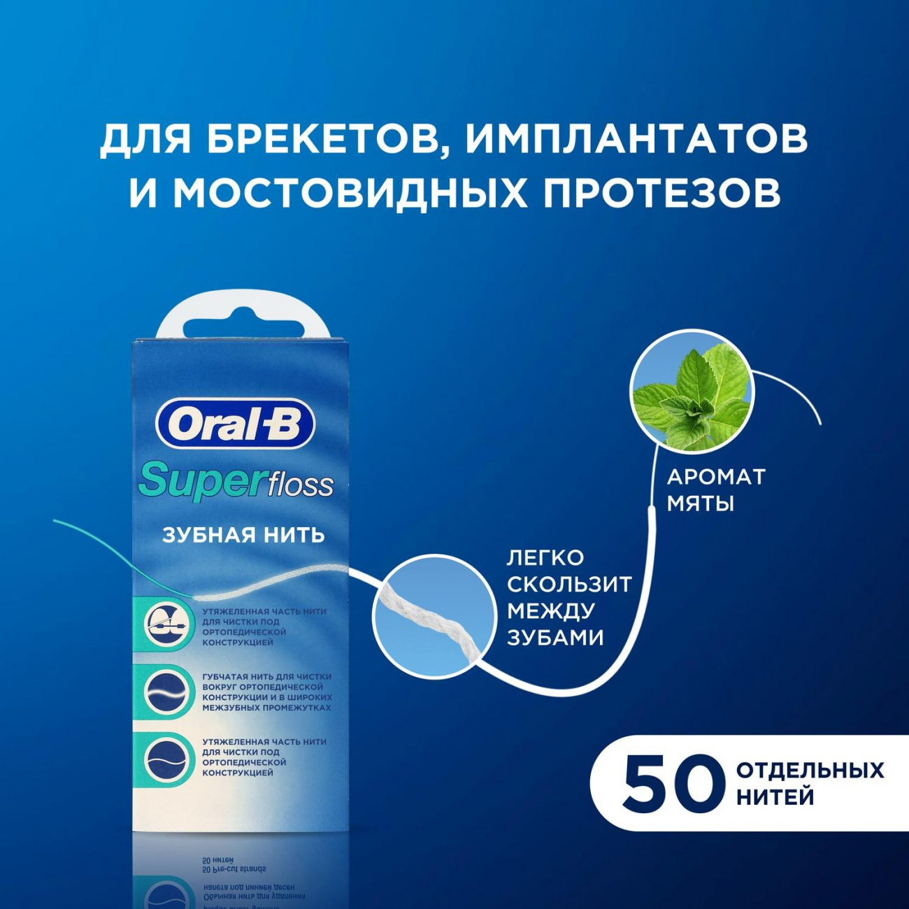 Oral-B Зубная нить Super floss д/брек., имплант.,мост.протезов мятн.50м 5010622008204