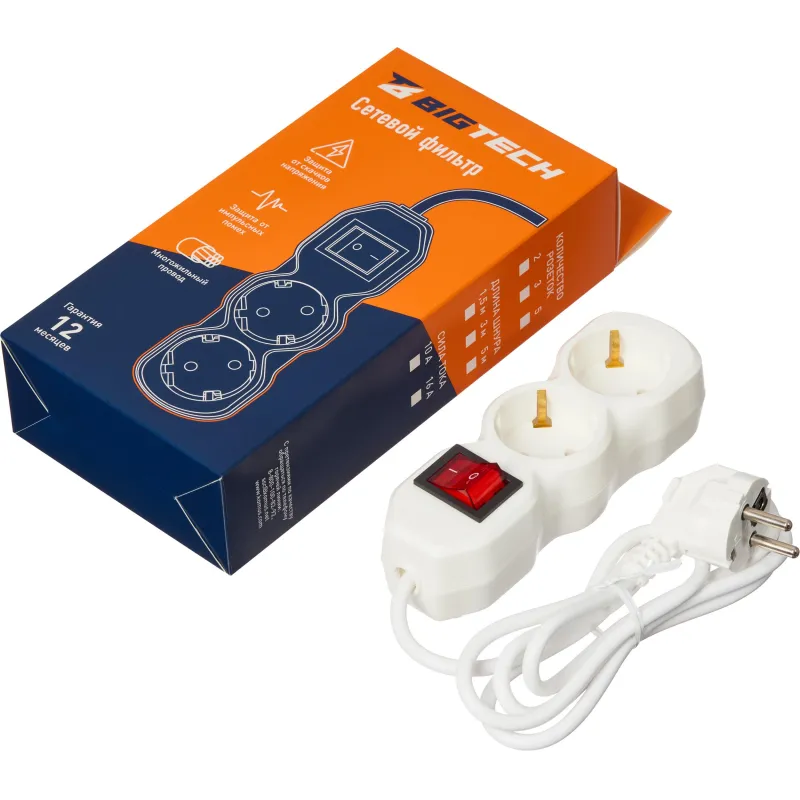 Сетевой фильтр BigTech ST210-1,5-W(2р/1,5м/10А/2,2кВт/3х0,75 мм2/белый) 2105945
