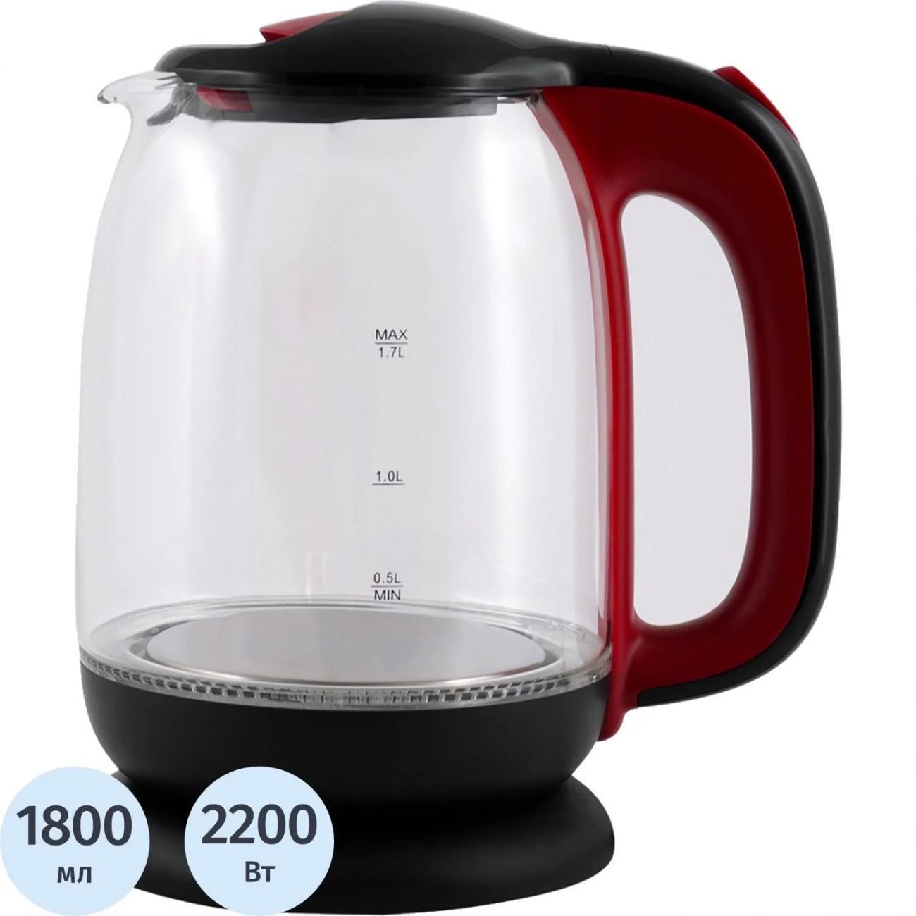 Чайник Centek CT-0034, 1.8л, 2200Вт, LED подсветка, кнопка,черный,стекло 2330573 CT-0034 Black