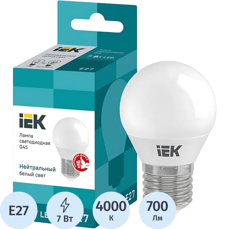 Лампа светодиодная Eco G45 7Вт шар 4000К E27 IEK LLE-G45-7-230-40-E27 2082397 422020