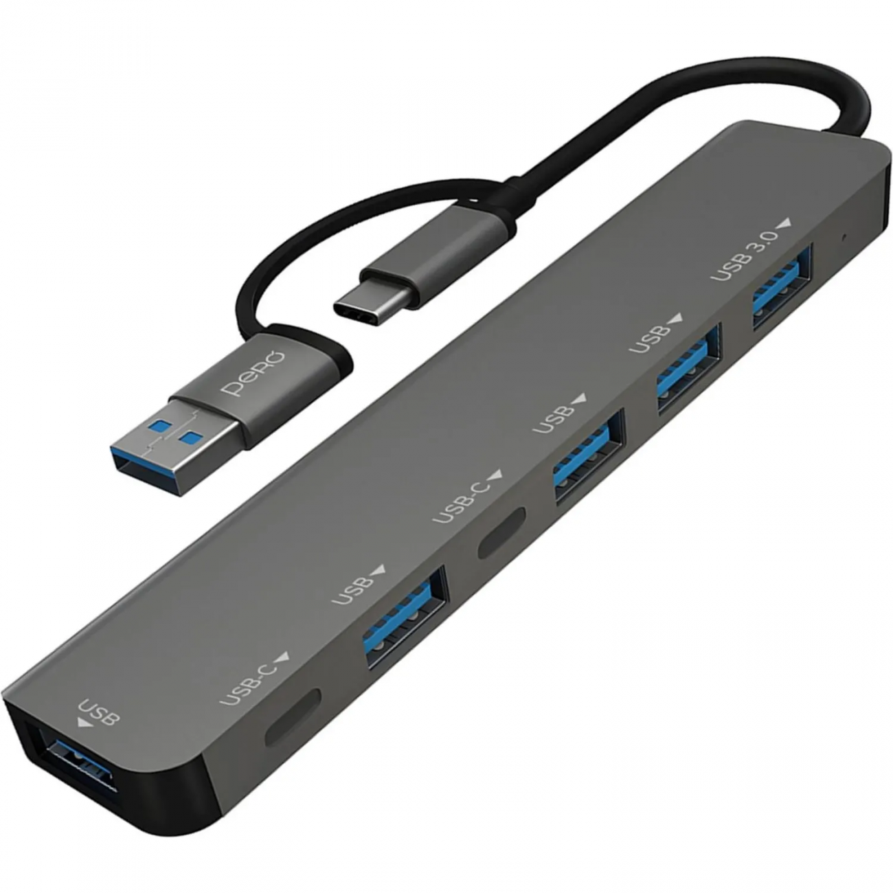 Разветвитель USB PERO MH06, USB-С/A TO 2xUSB-C+USB 3.0+4xUSB 2.0 серый 2370506 4673759570504