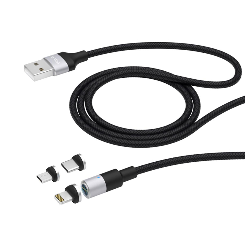 Кабель Deppa USB 3 в 1: microUSB, USB-C, Ligthning, 2.4A, магнитный, черный 1665476 72282