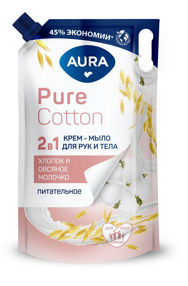 Крем-мыло AURA Pure Cotton Хлопок и овсяное молочко, 2в1 для рук и тела 850мл 4752171015364