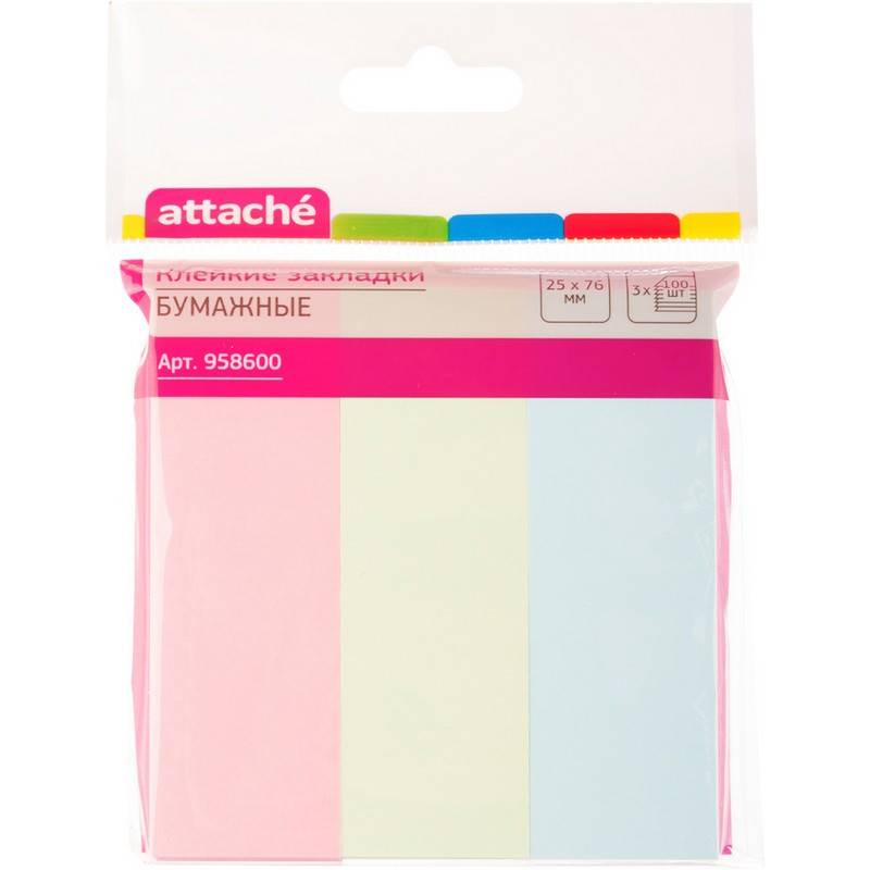 Клейкие закладки Attache бумажные 3 цвета по 100 листов 25х76 мм 958600