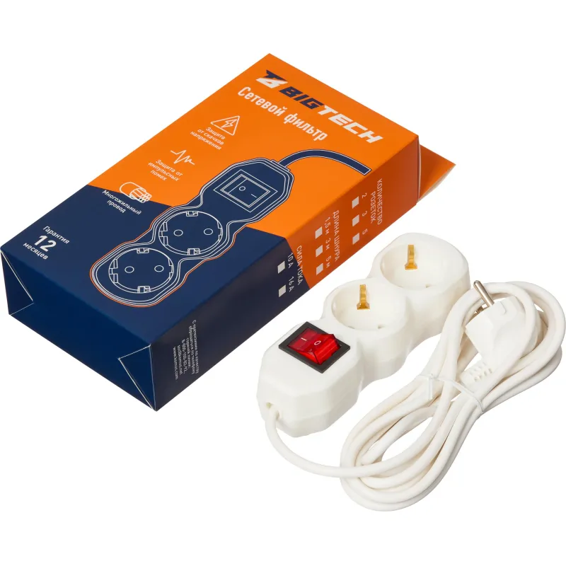 Сетевой фильтр BigTech ST210-3-W(2р/3м/10А/2,2кВт/3х0,75 мм2/белый) 2105946