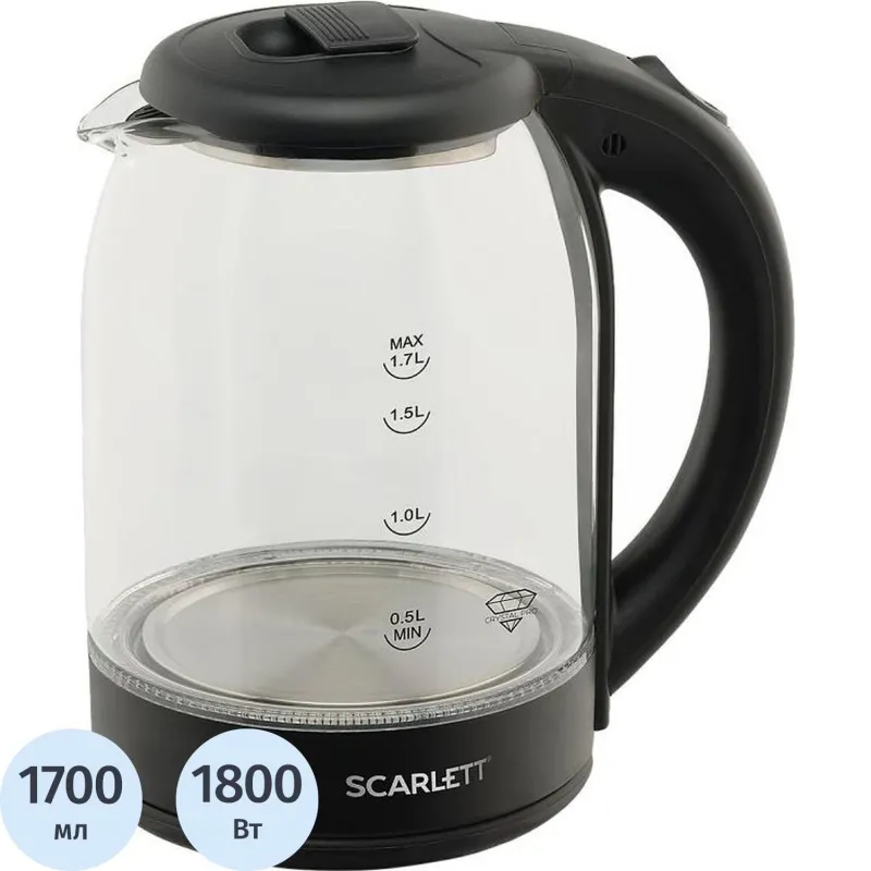 Чайник электрический SCARLETT SC-EK27G90, стекло, 1800Вт, 1.7л, черный 1494116