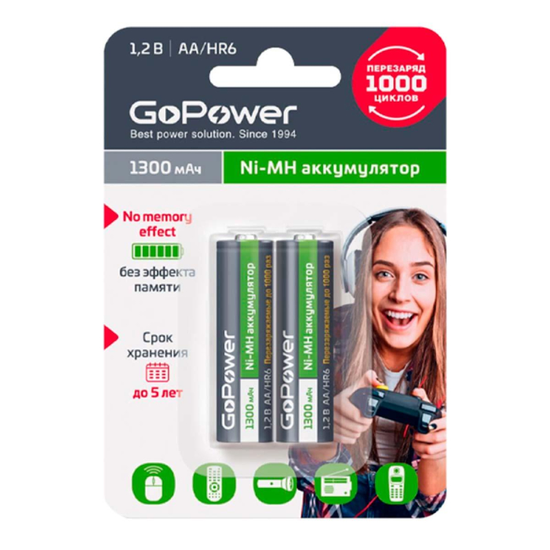 Аккумулятор GoPower HR6 AA 2шт/бл NI-MH 1300mAh (2/20/240) 1893668 00-00018318