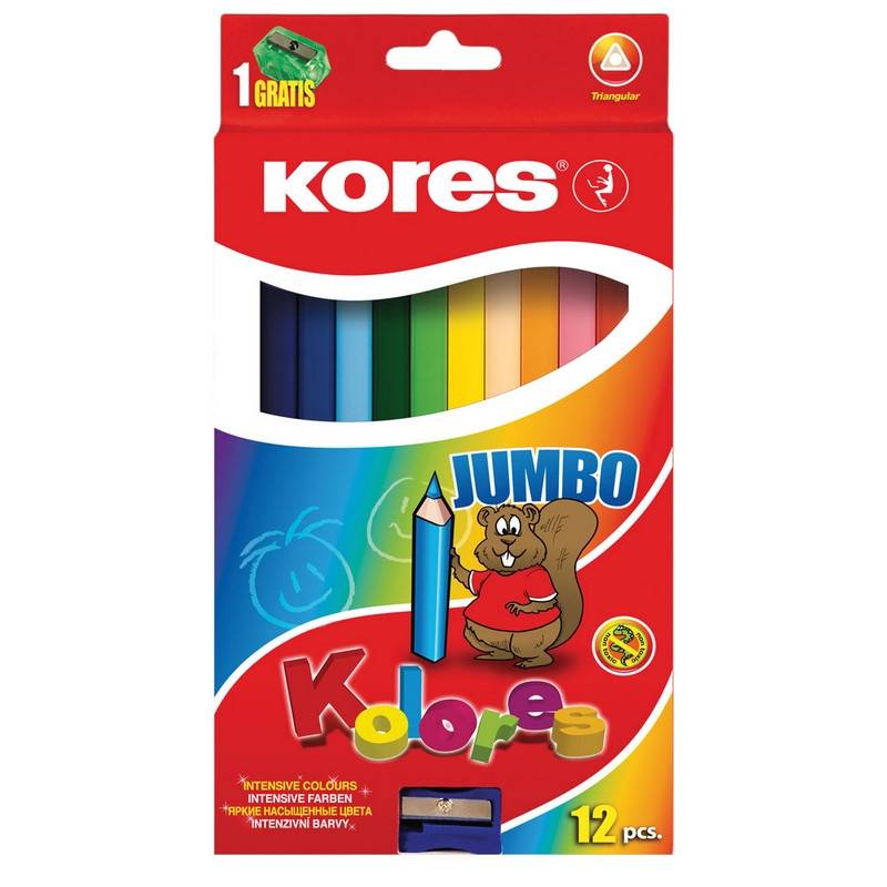 Карандаши цветные Kores Jumbo 12 цветов трехгранные с точилкой 128905