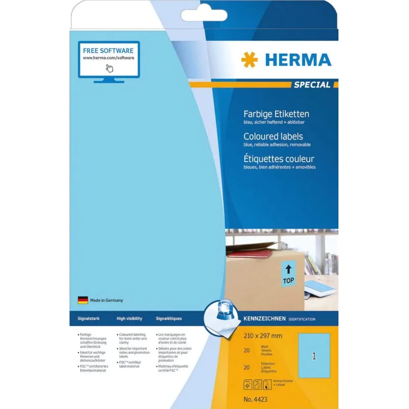 Этикетки самоклеящиеся HERMA 210х297мм голубые матов 1шт/л А4(20л/уп) 4423 1748375