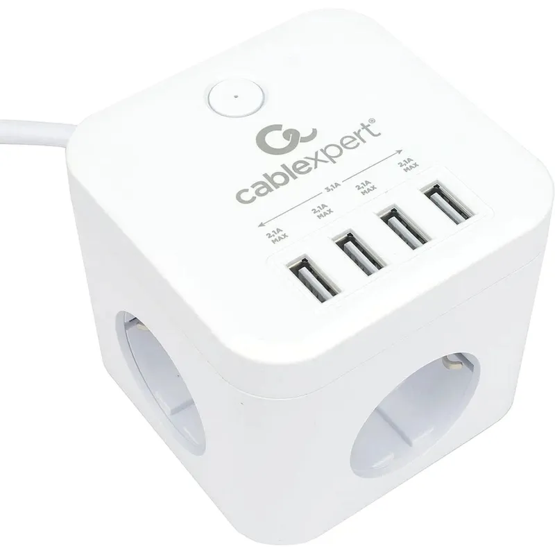 Сетевой фильтр Cablexpert Cube 3р/1,5м, 10А, 4хUSB, белый(CUBE-3-U4-W-1.5) 2161341