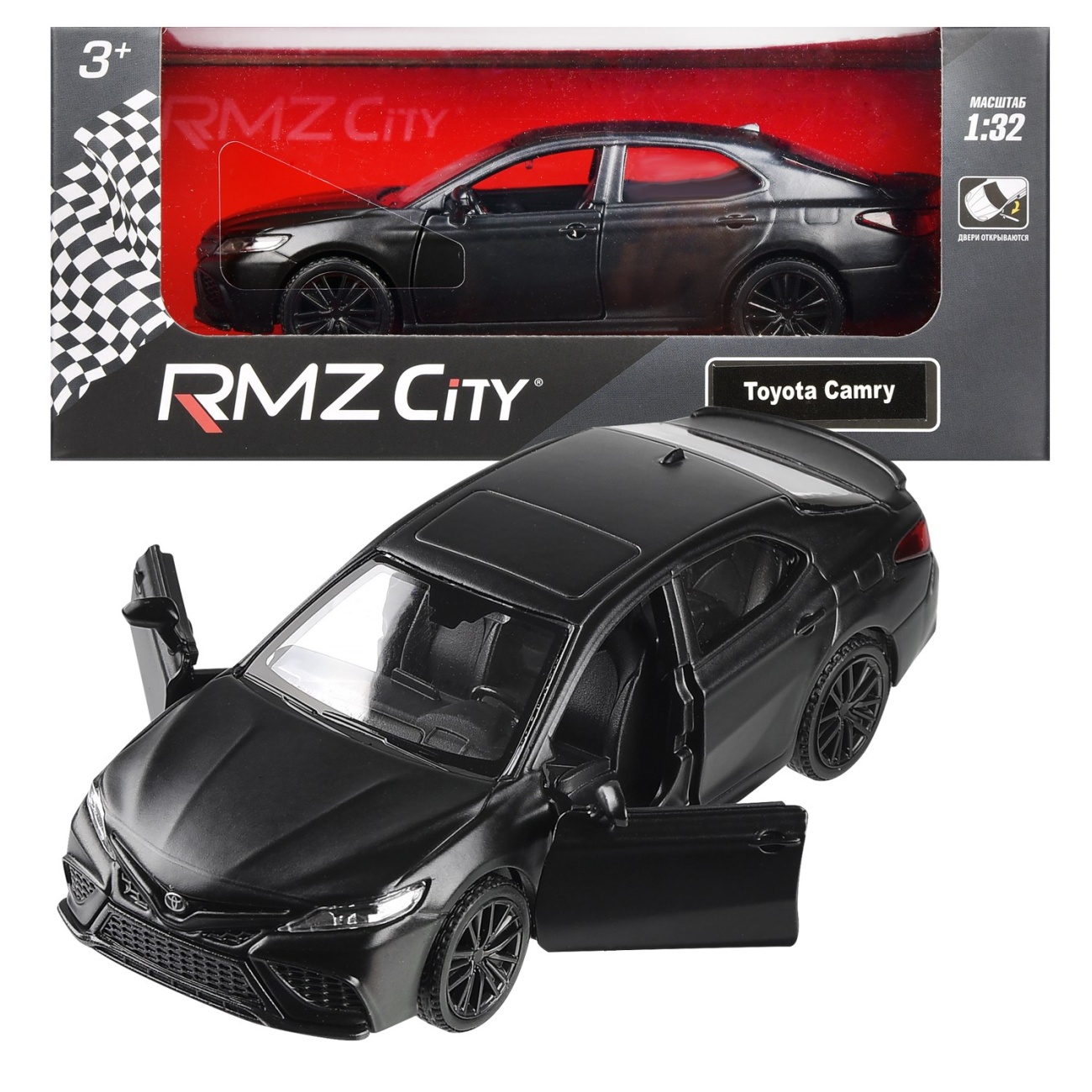Машина металл. RMZ City серия 1:32 Toyota Camry 2022, черный матовый цвет, инерция, открытие дверий Uni-Fortune 554063M