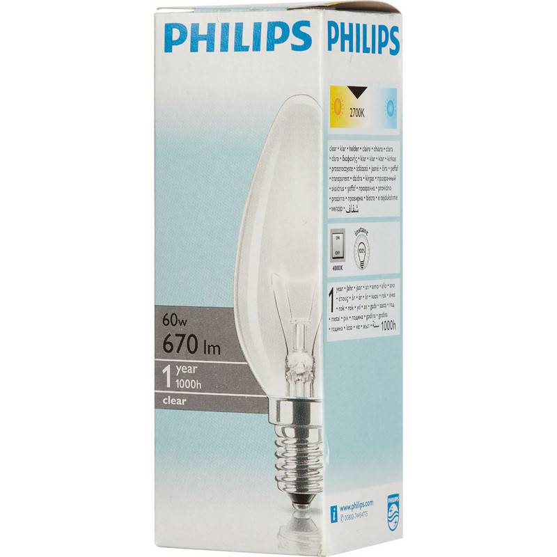 Лампа накаливания Philips 60 Вт E14 свеча прозрачная 2700 К теплый белый свет 926000003017 96656