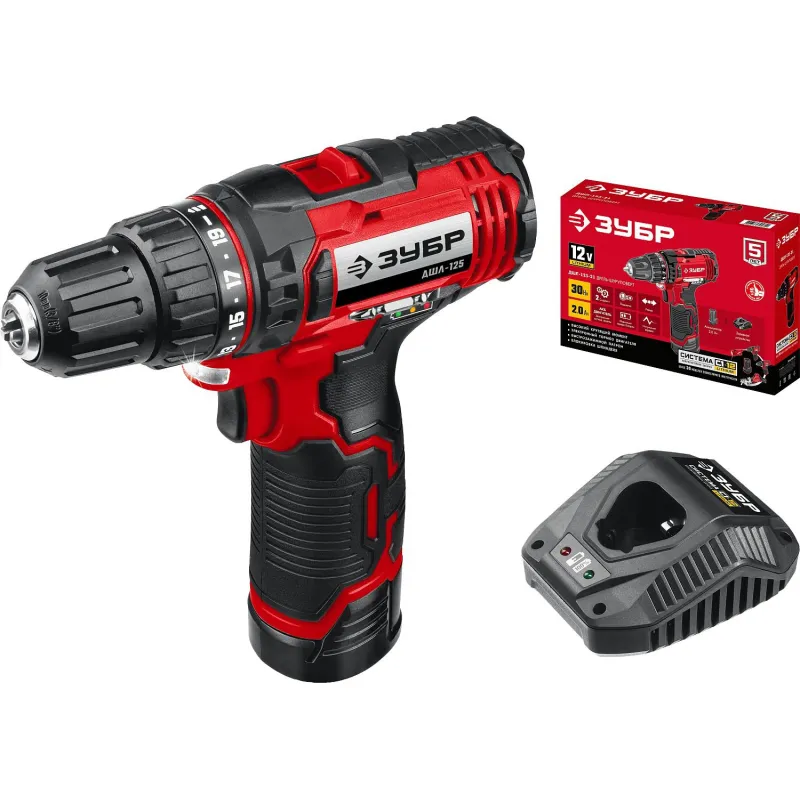 Дрель-шуруповерт аккумуляторная Li-ion ЗУБР ДШЛ-125-21, 12 В, 1 АКБ (2Ач) 1672202
