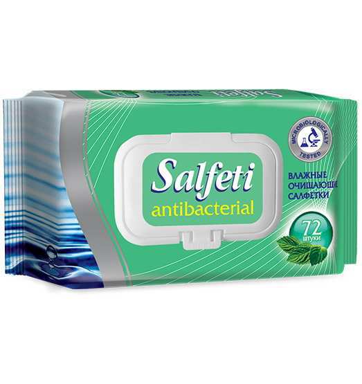 Салфетки влажные антибактериальные antibacterial 72шт с пластиковым клапаном Salfeti Ins-SA-72