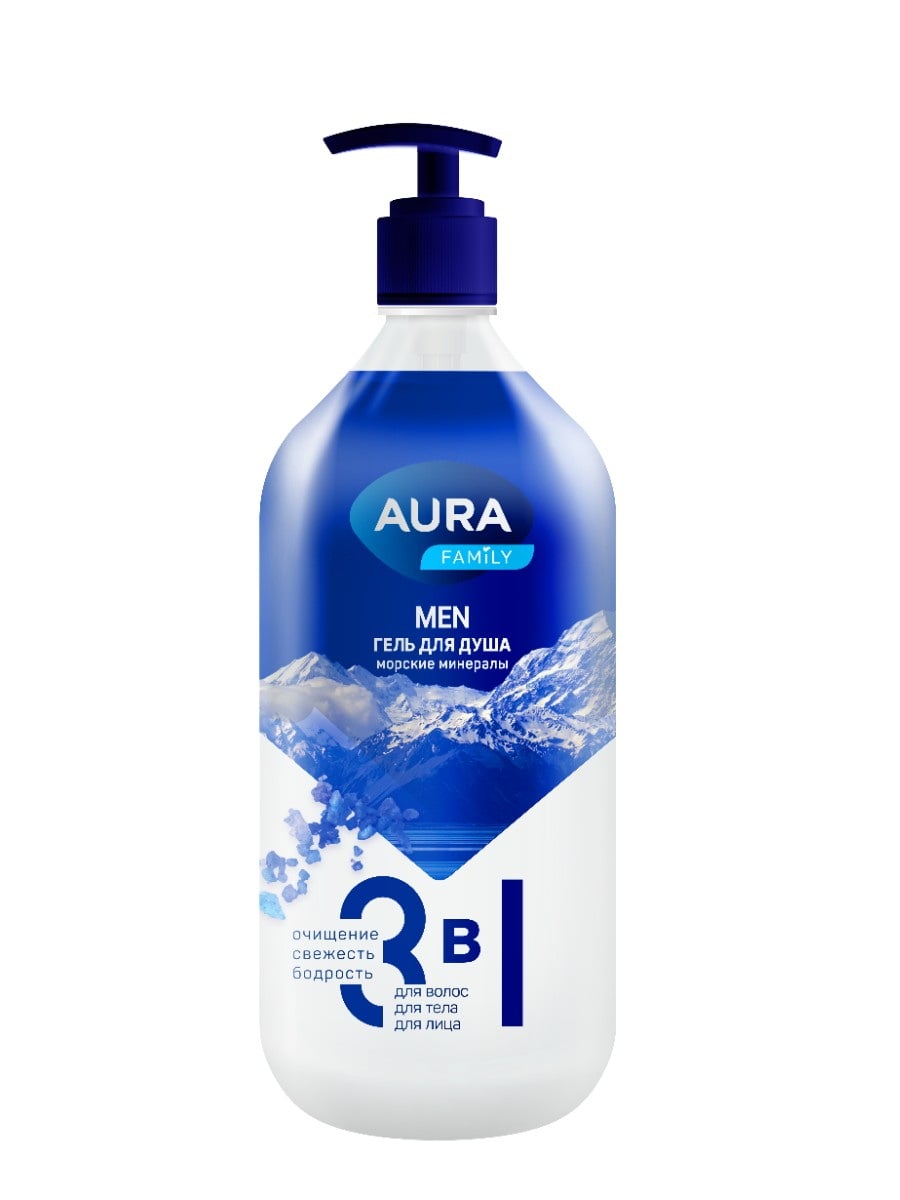AURA FAMILY MEN Гель для душа 3в1 морские минералы NEW флакон/дозатор 1000мл 4600999060786