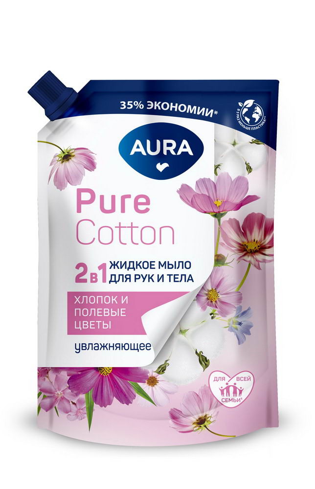 Мыло AURA Pure Cotton Хлопок и полевые цветы, 2в1 для рук и тела, жидкое 450мл 4752171015357