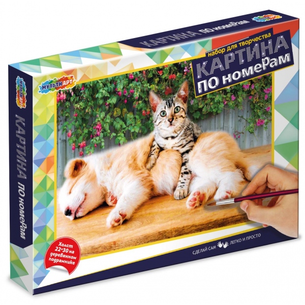 Холст по номерам на подрамнике 22х30 см. Кот и собака MultiArt CANV22X30-CATDOG