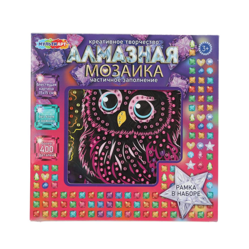 Алмазная мозаика на черном фоне 15х15 см Совёнок MultiArt AM15X15-128136-SOV