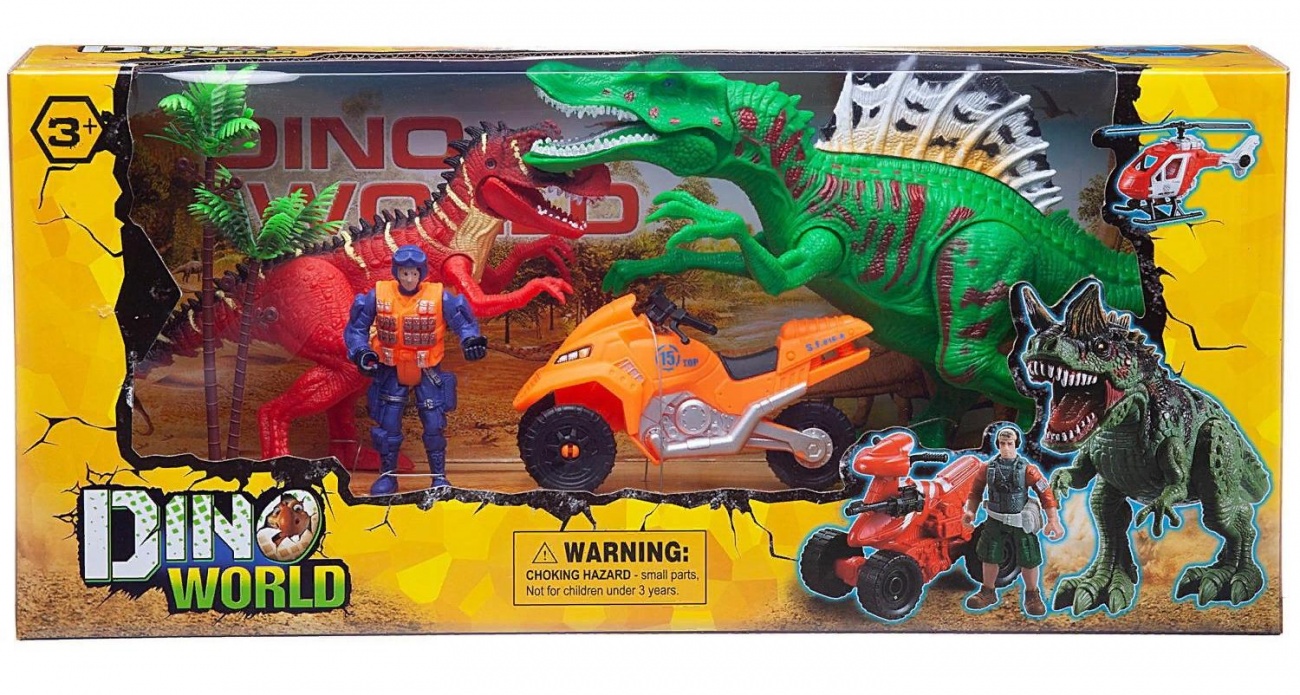 Игровой набор Junfa "Мир динозавров" (2 больших динозавра, мотоцикл, фигурка человека, аксесс.) WA-14218