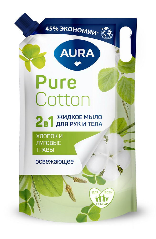 Мыло AURA Pure Cotton Хлопок и луговые травы, 2в1 для рук и тела, жидкое 850мл 4752171015371
