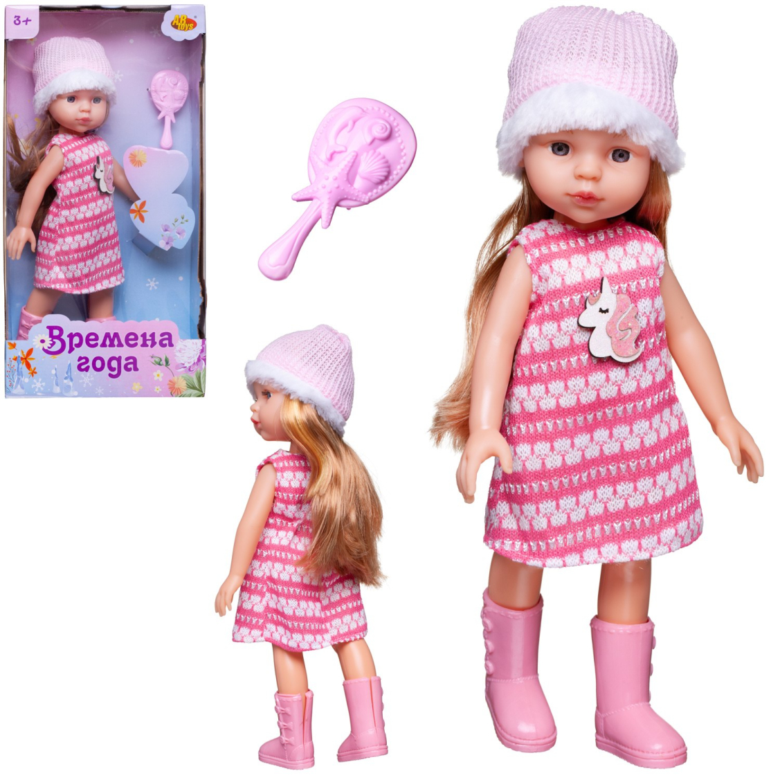 Кукла ABtoys Времена года 32 см в розово-белом вязаном платье без рукавов и шапке PT-01851