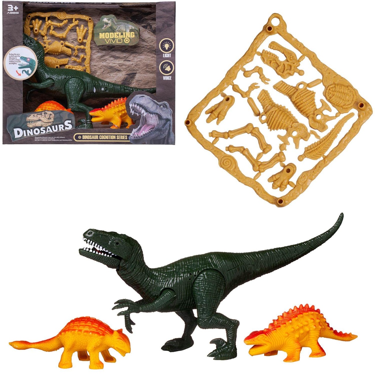 Игровой набор Junfa Динозавры (3 динозавра, детали д/сборки динозавра) свет/звук WA-19282